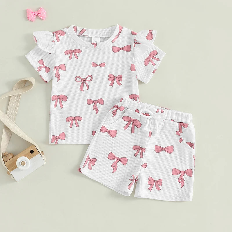 Toddler Girl Summer Clothes Bow Print Short Sleeve O-Neck T-Shirt with Elastic Waist Shorts Waffled Set