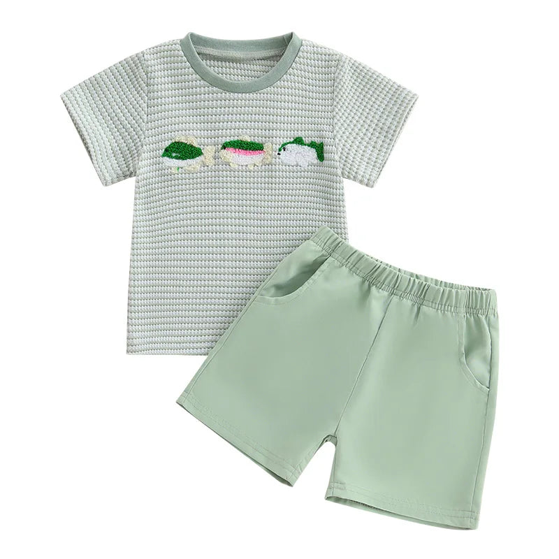 Toddler Baby Boy Shorts Set Fish/Duck Embroidery Short Sleeve T-shirt Solid/Plaid Shorts 2 Piece Summer Set