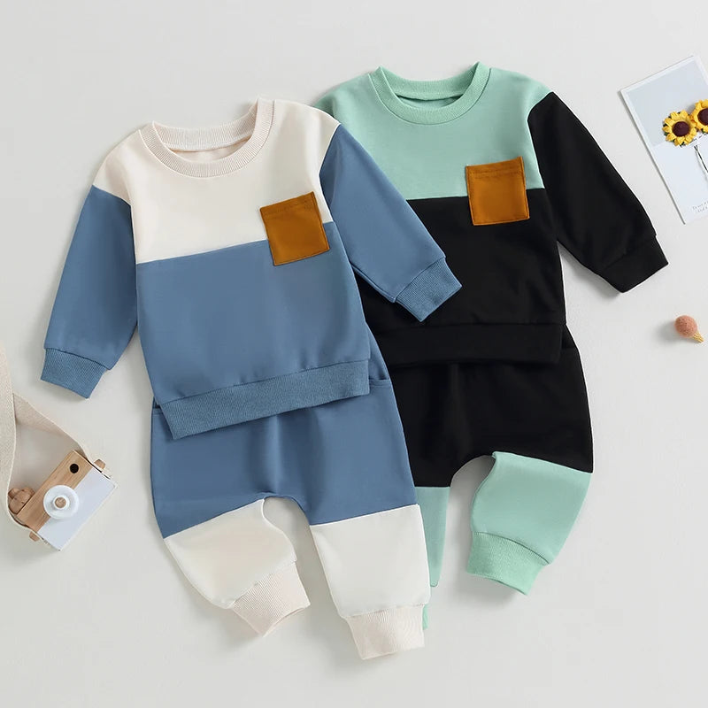 Baby Boy 2Pcs Autumn Pants Set Contrast Color Long Sleeve Crew Neck Sweatshirt Sweatpants Clothes
