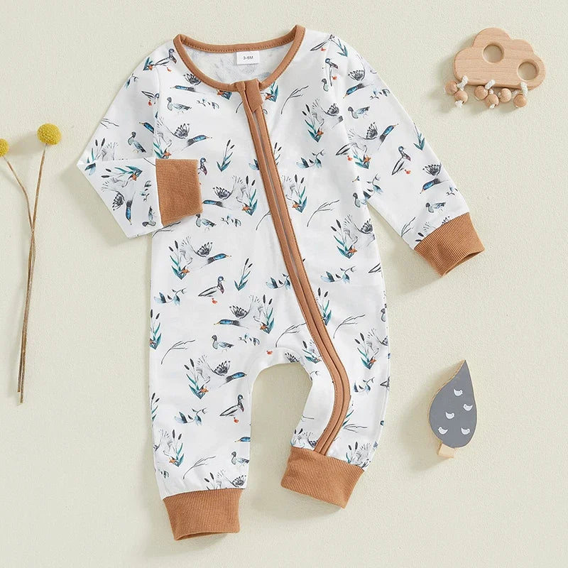 Baby Boy Romper Duck Print Zip Up Long Sleeve Round Neck Jumpsuit
