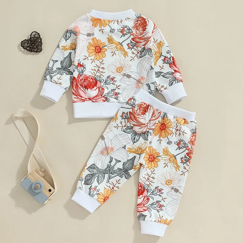 Toddler Girls Fall Outfits Floral Print Long Sleeve Sweatshirt and Elastic Sweatpants Set Baby Clothes