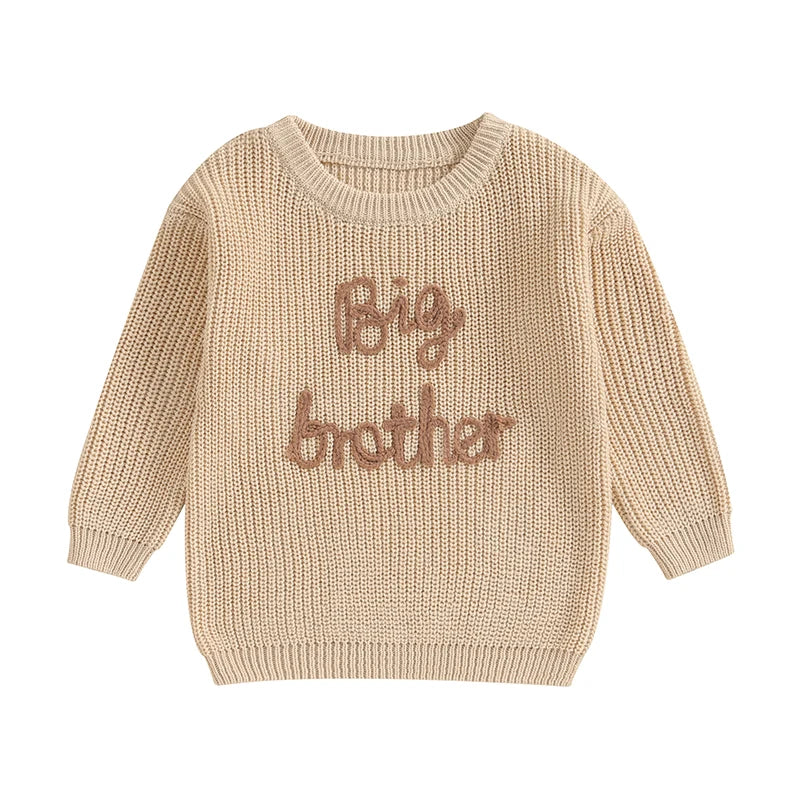 Boys Long Sleeve Letter "Big Brother" Embroidery Pullover Loose Cotton Knit Sweater