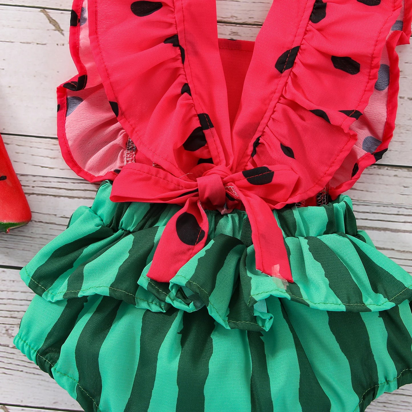 Newborn Baby Girl 2 Pcs Outfits Watermelon Print Design Square Neck Fly Sleeve Bodysuit Headband