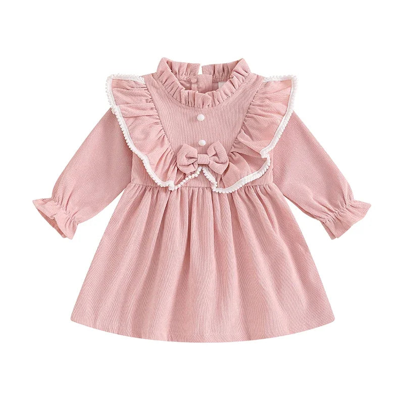 Autumn Spring Little Girl Corduroy Dress Mock Neck Ruffled Long Sleeve Bow Decor A-Line Dress