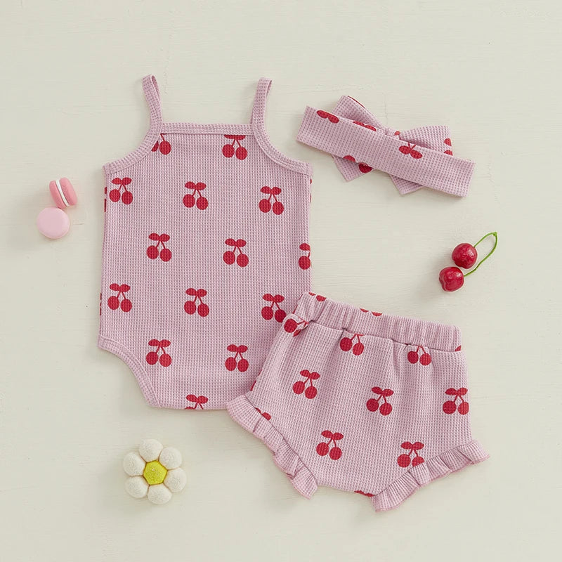 Summer Cute Baby Girls Shorts Outfits Sleeveless Cherry Print Romper Drawstring Shorts Headband Sets