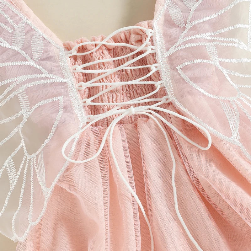 Newborn Baby Girls Bodysuit Fly Sleeve Embroidery Pleated Lacing Summer Jumpsuit