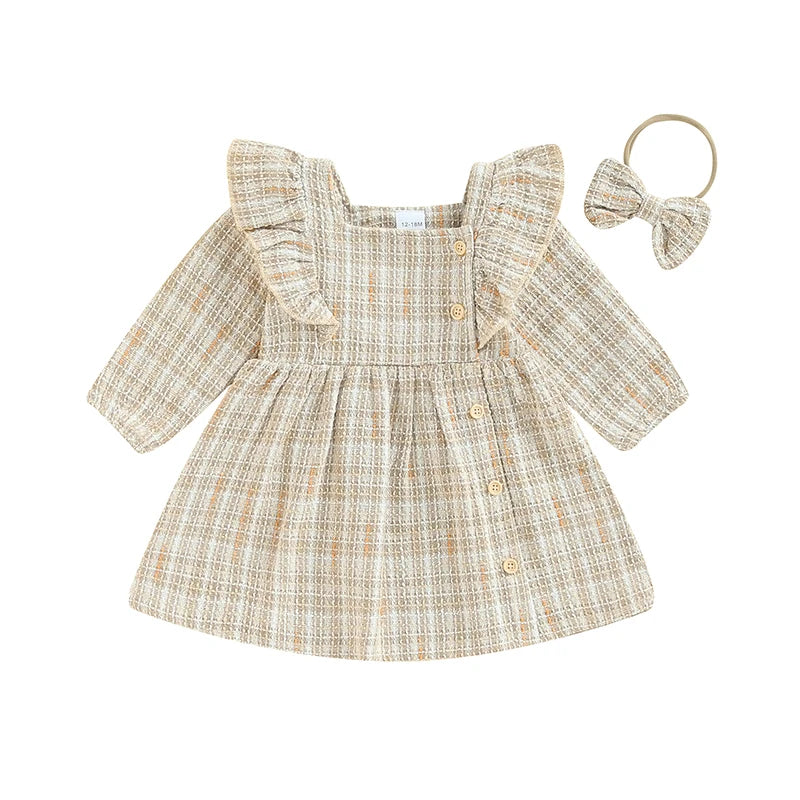 Toddler Girls Dress Square Neck Ruffles Buttons Long Sleeve Casual Fall Princess Dress with Headband