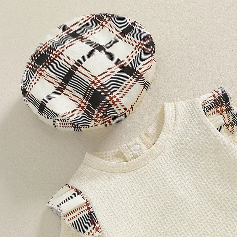 Baby Girls Clothes Sets Ruffles Long Sleeve Ribbed Romper+Plaid Print A-Line Skirts Hats