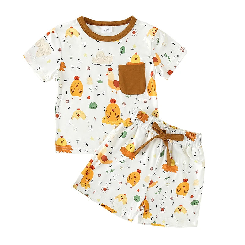 Toddler Boy Girl Summer Clothes Cute Farm Baby Chicken Outfit Set Short Sleeve Cartoon T-Shirt and Shorts