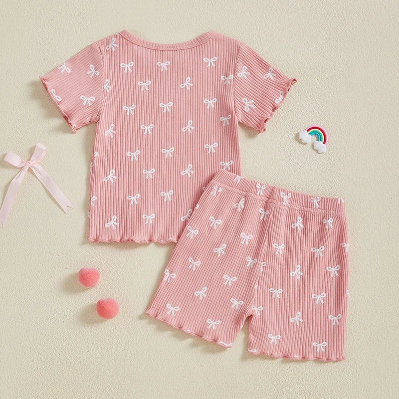 Toddler Baby Girl Bow Ribbed Outfit Lettuce Trim Short Sleeve Tops Elastic Waist Shorts Summer Set