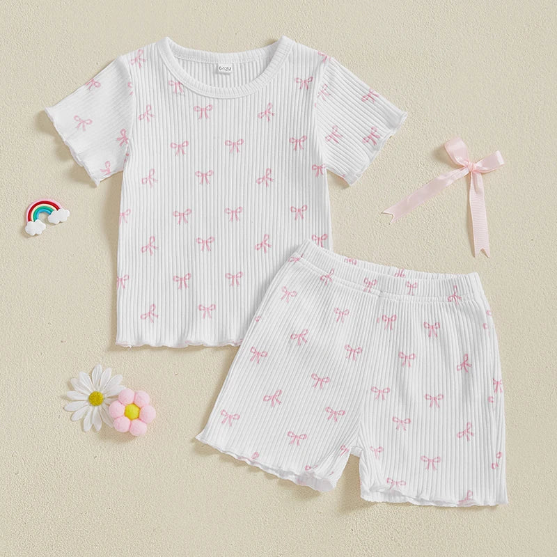 Toddler Baby Girl Bow Ribbed Outfit Lettuce Trim Short Sleeve Tops Elastic Waist Shorts Summer Set
