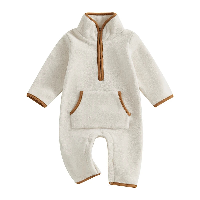 Baby Boys Fleece Long Sleeve Plush Zip Up Romper With Pockets