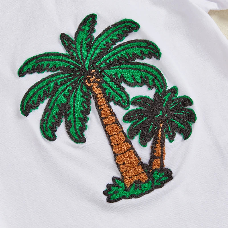 Toddler Boy Summer Outfit Tree/Excavator Embroidered Short Sleeve Round Neck T-Shirt +Solid Shorts 2Pcs Set