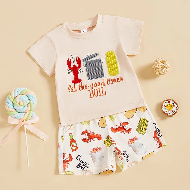Kids Boys Summer Outfit Short Sleeve Crew Neck Embroidery T-shirt with Lobster Print Shorts Clothing Set