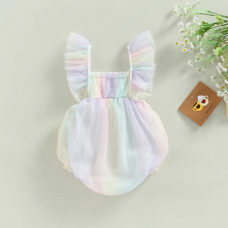 Baby Girls Summer Bodysuit Fly Sleeve Square Neck Tie-dye Print Bubble Fashion Jumpsuit