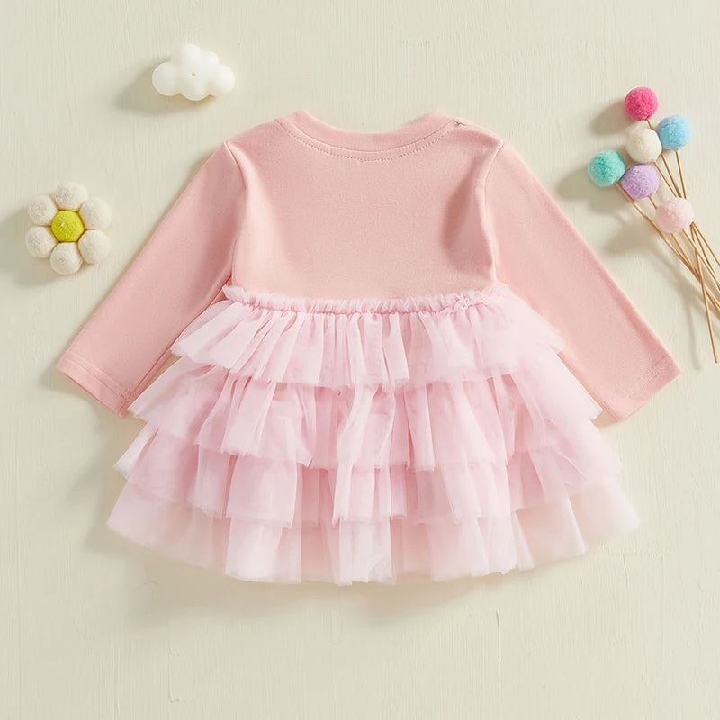 Toddler Baby Girl Fall Dress Solid Color Round Neck Long Sleeve A-line Tulle Princess Dresses