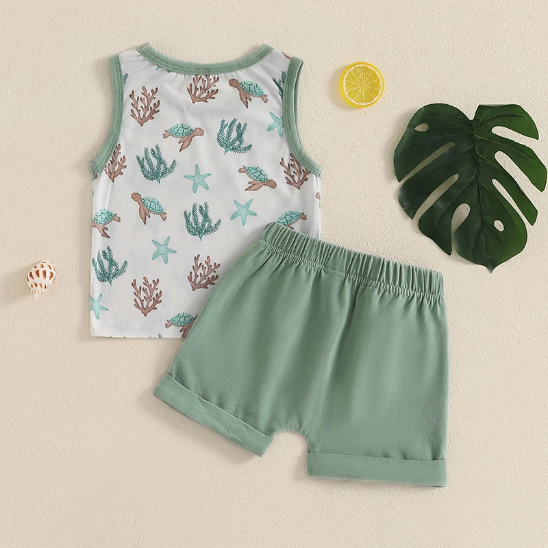 Infant Toddler Baby Boy Summer Clothes Sleeveless Pattern Print Tank Vest Top Solid Jogger Shorts Set Beach Outfit