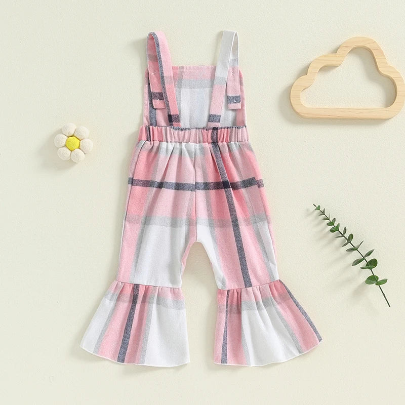Little Girl Plaid Overalls Casual Square Neck Sleeveless Bell Bottom Jumpsuit for Fall
