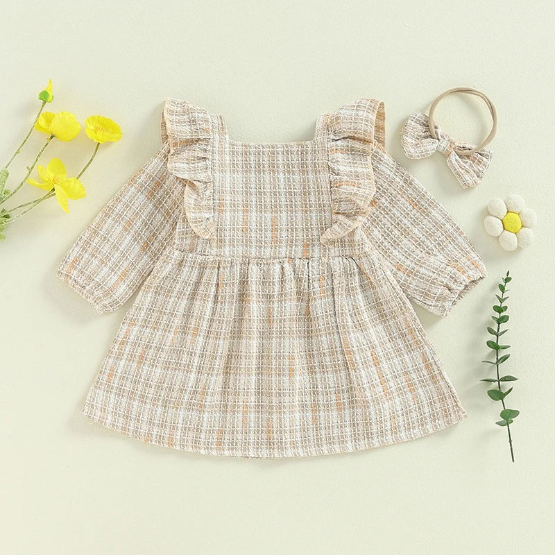 Toddler Girls Dress Square Neck Ruffles Buttons Long Sleeve Casual Fall Princess Dress with Headband