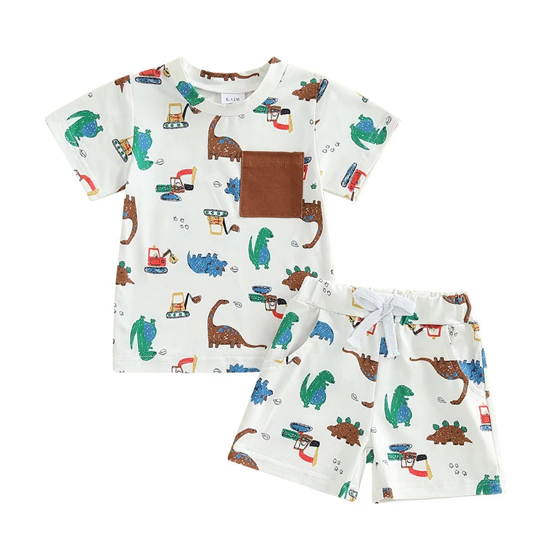 Toddler Boy Dinosaur Shorts Set Round Neck Short Sleeve Tops Pockets Elastic Waistband Short Outfit