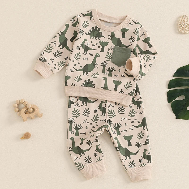 Toddler Boys Fall Outfits Dinosaur Print Pocket Long Sleeve Sweatshirts and Long Pants 2Pcs Clothes Set