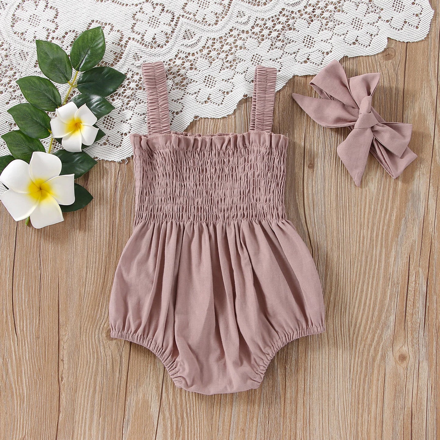 Infant Baby Girl 2Pcs Summer Clothing Sleeveless Solid Bodysuit Jumpsuit Headband