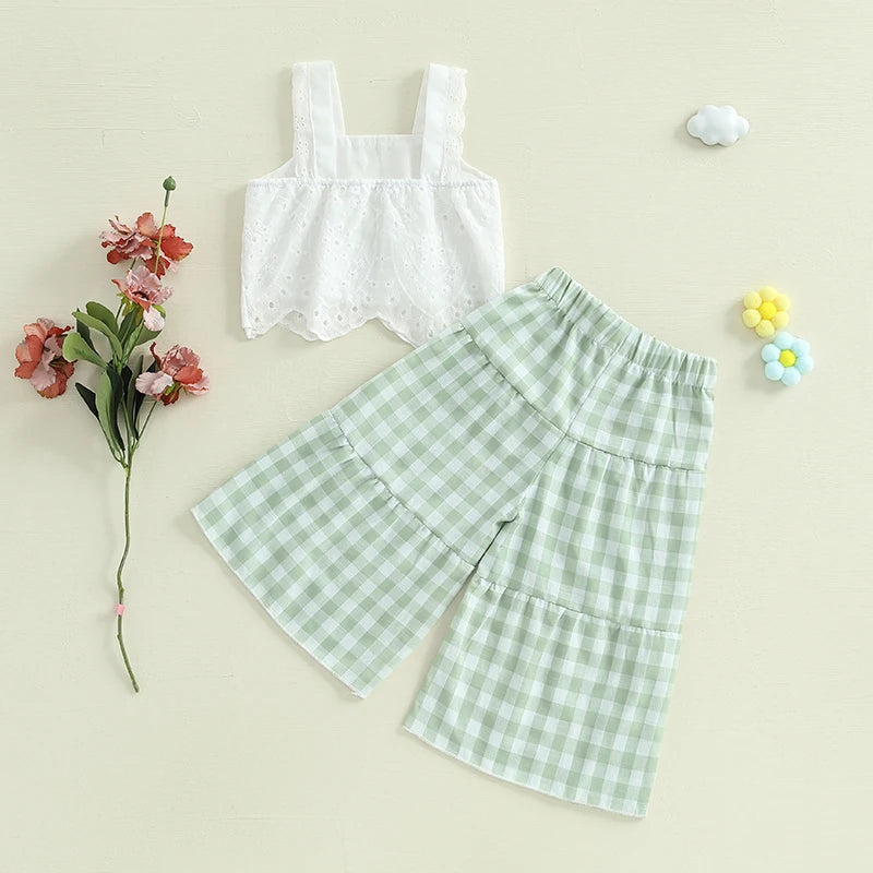 Toddler Girl Summer Clothes Eyelet Embroidery Cami Tops+Elastic Waist Plaid Print Wide Leg Pants 2Pcs Set