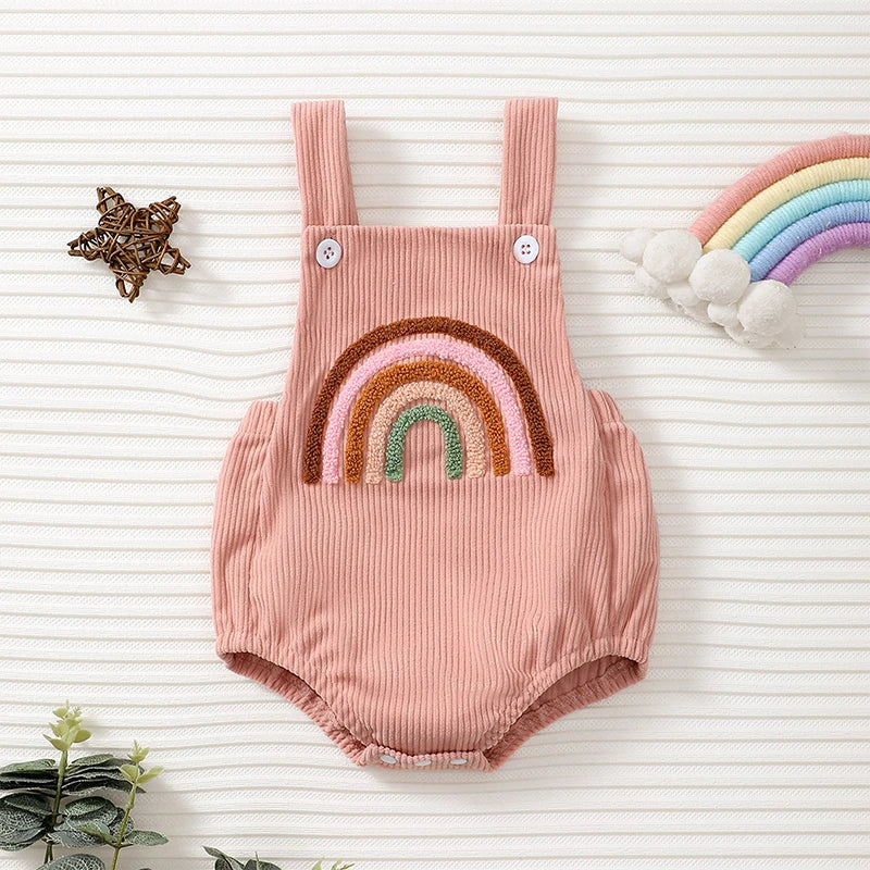 Baby Girl Overalls Rainbow/Strawberry Embroidery Square Neck Sleeveless Ribbed Romper