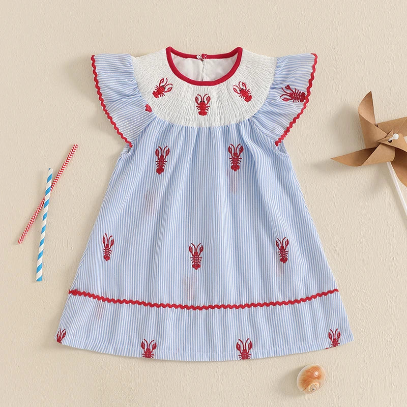 Girls Summer Casual Mini Dress Lobster Embroidery Striped Print Ruffles O-neck Party A-line Dress