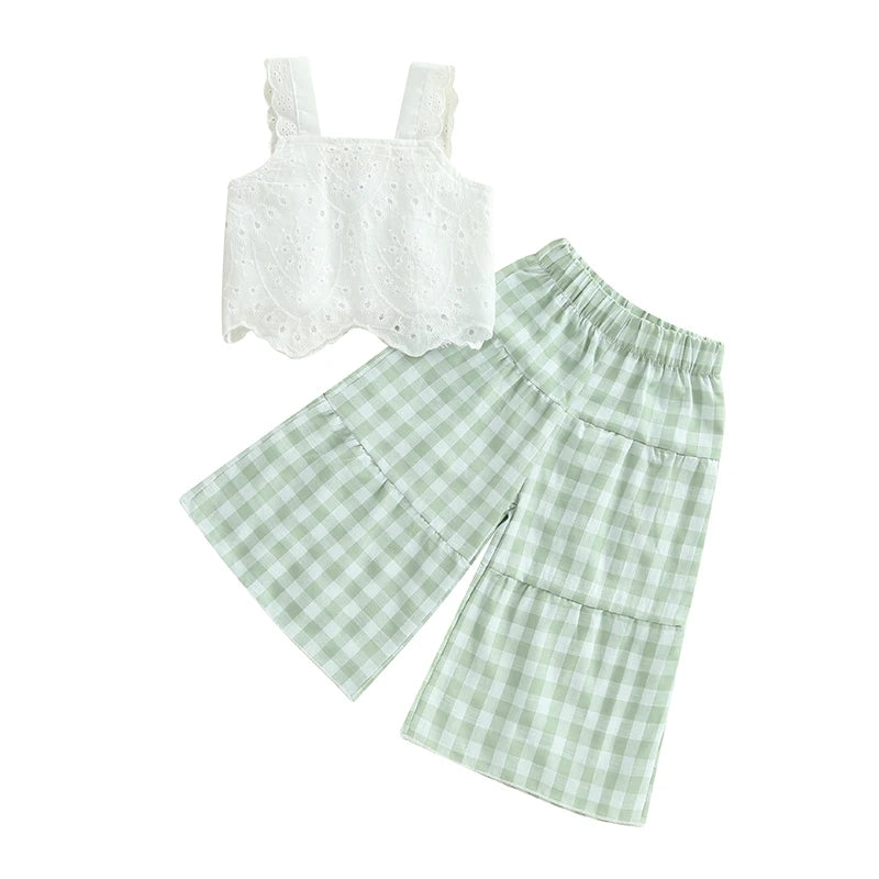Toddler Girl Summer Clothes Eyelet Embroidery Cami Tops+Elastic Waist Plaid Print Wide Leg Pants 2Pcs Set