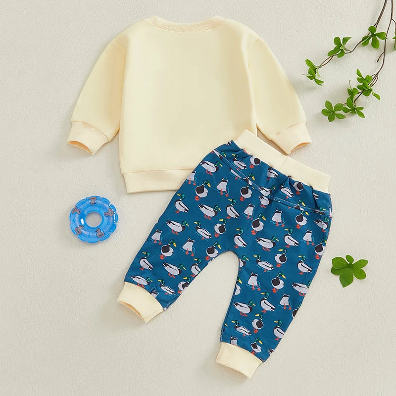 Toddler Baby Boy Girl Duck Clothes Long Sleeve Sweatshirt Plaid Elastic Waist Long Pants Outfit