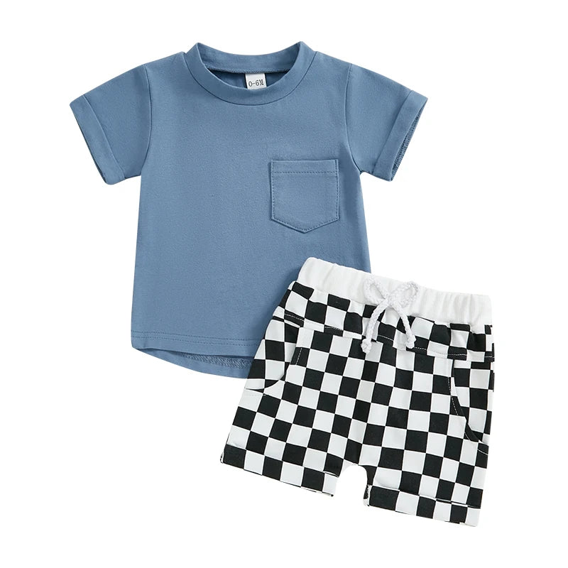 Toddler Baby Boy Summer Outfits Solid Color Short Sleeve T-shirt Checkered Shorts 2Pcs Set