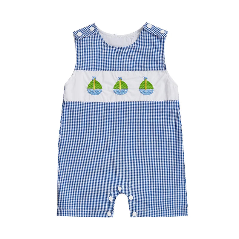 Baby Boys Romper Animal Embroidery Plaid Sleeveless Crew Neck Jumpsuit Summer Overalls