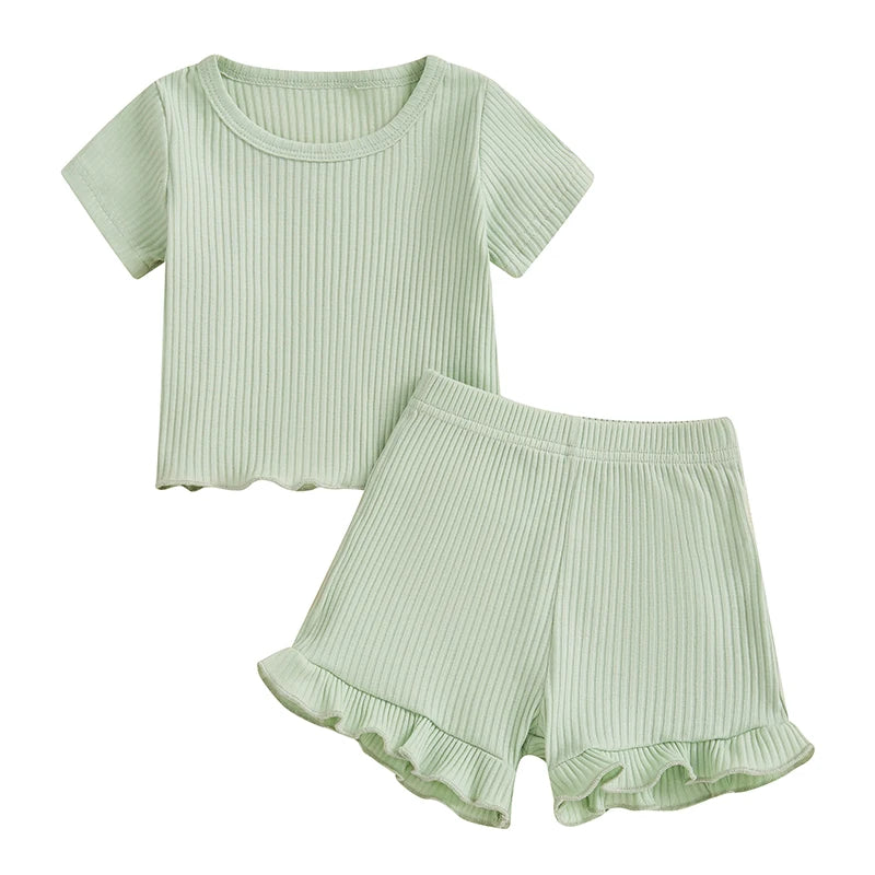 Toddler Baby Girl Ribbed Outfit Solid Color Short Sleeve T-shirts Elastic Waist Ruffle Shorts Set