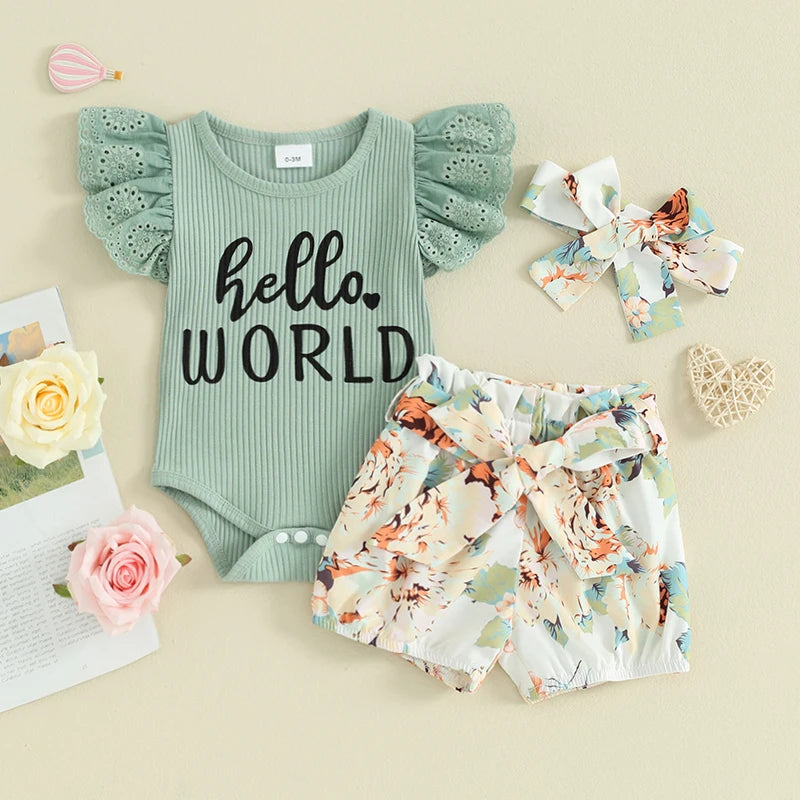 Baby Girls Shorts Outfits Letter Print Fly Sleeve Romper with Floral Shorts and Heaband 3Pcs Summer Set