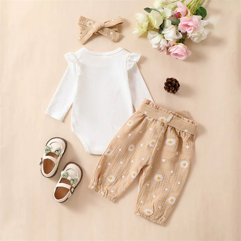 Baby Girl Daisy Print Outfit Solid Ribbed Ruffle Romper Long Sleeve Pants Headbands Clothes Set