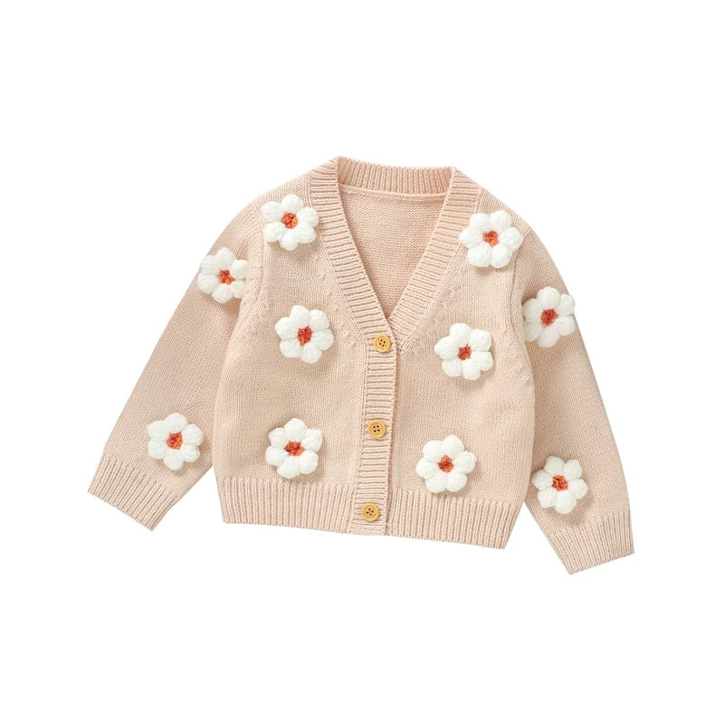 Winter Baby Girl Cardigan Long Sleeve V Neck Button Closure Flower Knit Sweater Baby Girl Sweater