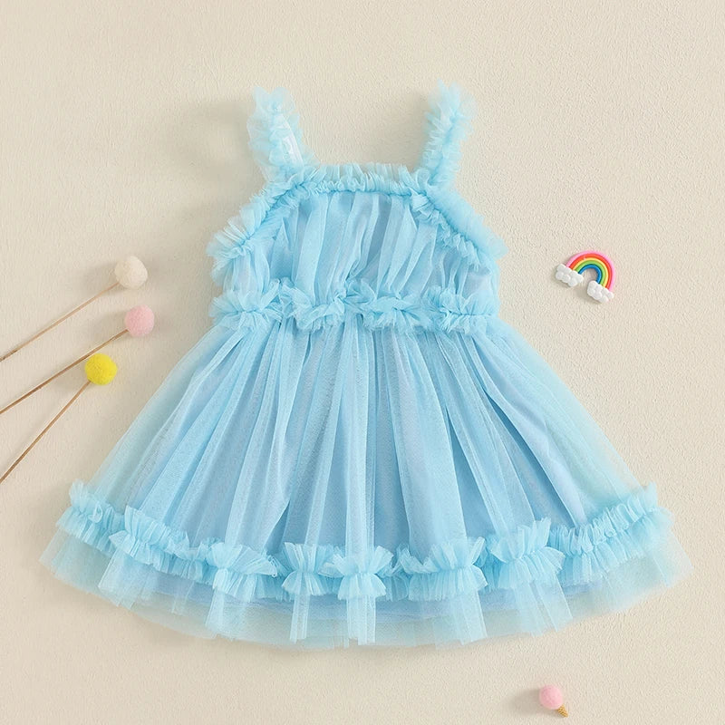 Toddler Girl Summer Tulle Dress Solid Color Sleeveless Mesh Ruffled A-Line Dress