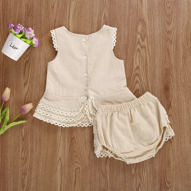 Toddler Baby Girl Summer Clothing Set Sleeveless Lace Pacthwork Solid Top Shorts 2Pcs Outfit