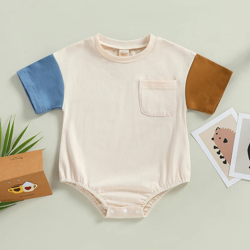 Kid Girl Boy Girl Bodysuit Short Sleeve Round Neck Patch Color Short Jumpsuit Tops