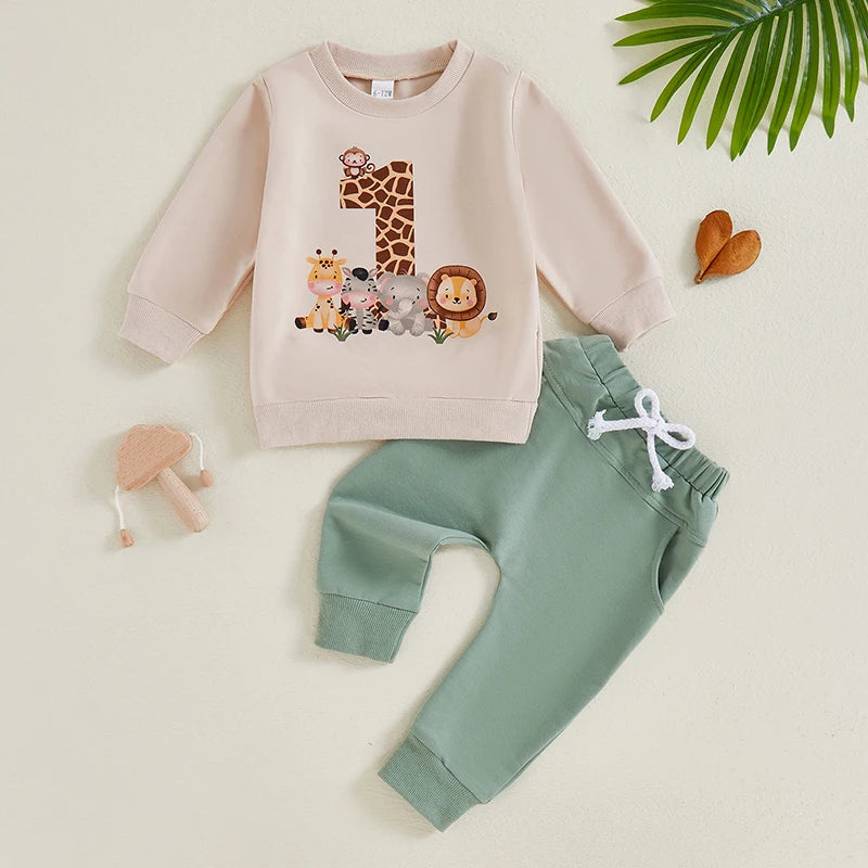 Baby Boy First Birthday Outfit, Animal Print Long Sleeve Sweatshirt Elastic Waist Pants Set for Fall