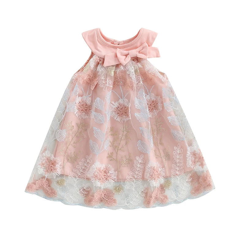 Toddler Girl Summer Sleeveless Dress Floral Embroidery Round Neck Tulle A-Line Dress