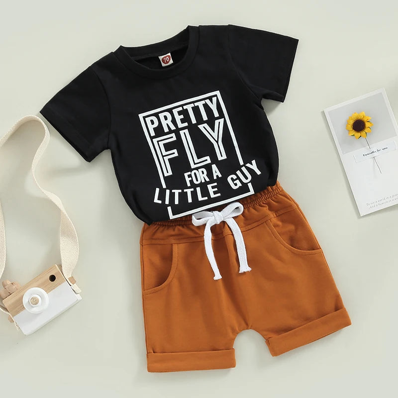 Toddler Boys Girl 2Pcs Summer Sets Short Sleeve Letter Print T-shirt Solid Drawstring Shorts
