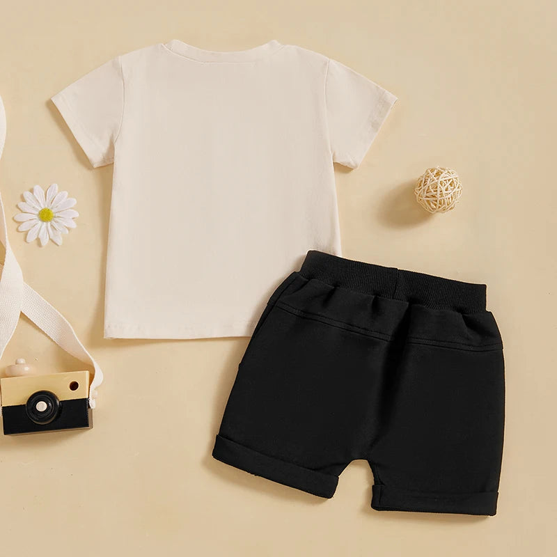 Toddler Boys Summer Outfits Raccoon Letter Print Short Sleeve T-Shirts Elastic Waist Shorts Clothes Set