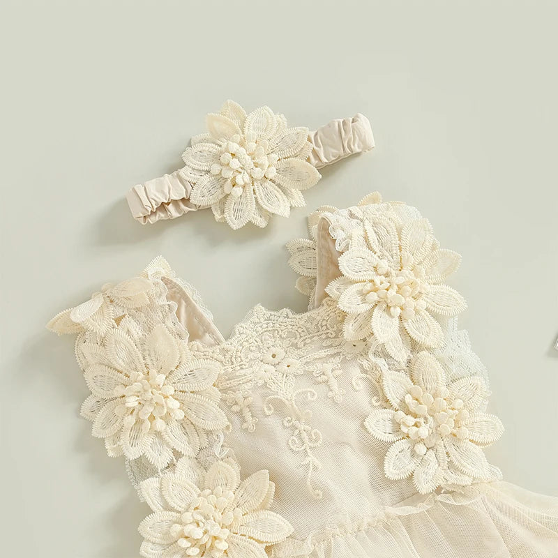 Baby Girls Bodysuit Summer Sleeveless Square Neck Floral Lace Bodysuit Tops Head Band