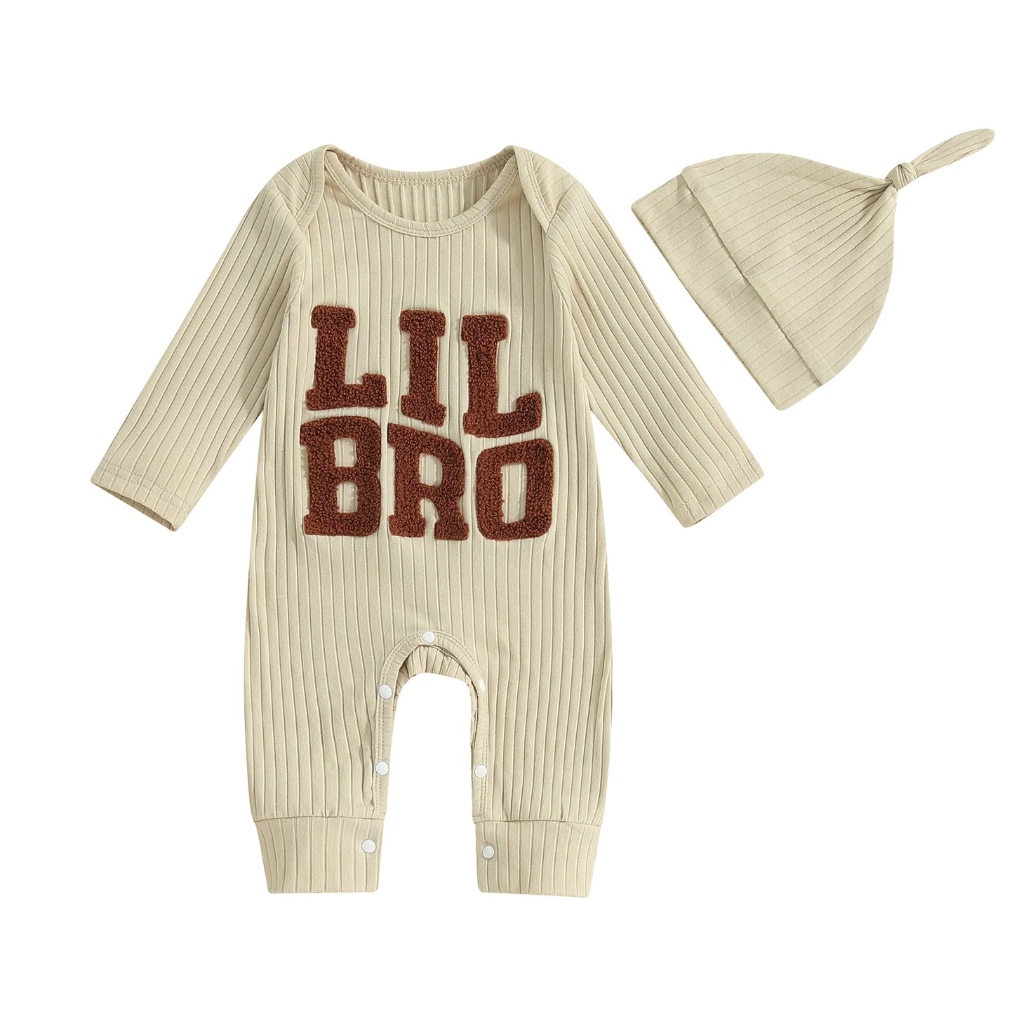 Baby Boy Jumpsuit and Hat Set Long Sleeve Round Neck "Lil Bro" Letter Print Ribbed Romper with Cap Outfit