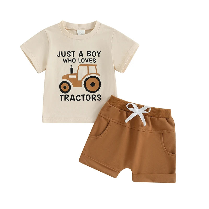 Toddler Boy Summer Outfits Tractor Letter Print Round Neck Short Sleeve Tops with Solid Shorts Outfit