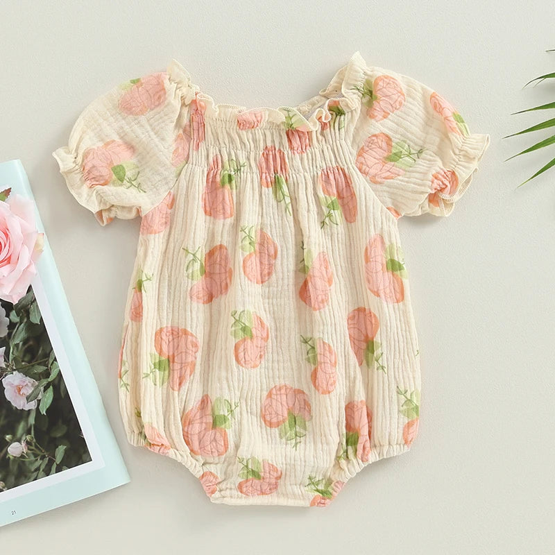 Infant Baby Girls Bodysuit Flower Print Short Puff Sleeve Newborn Jumpsuits 2 Styles Summer Clothes