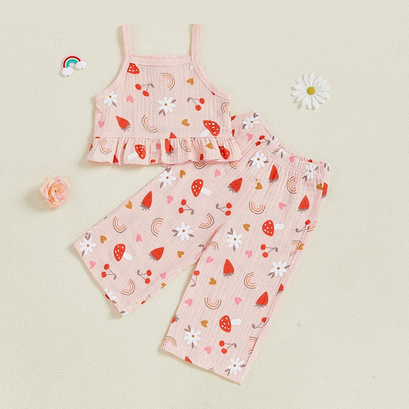 Toddler Baby Girl Summer Outfit Fruit Flower Print Ruffled Trim Sleeveless Top and Wide Leg Pants 2Pcs Set