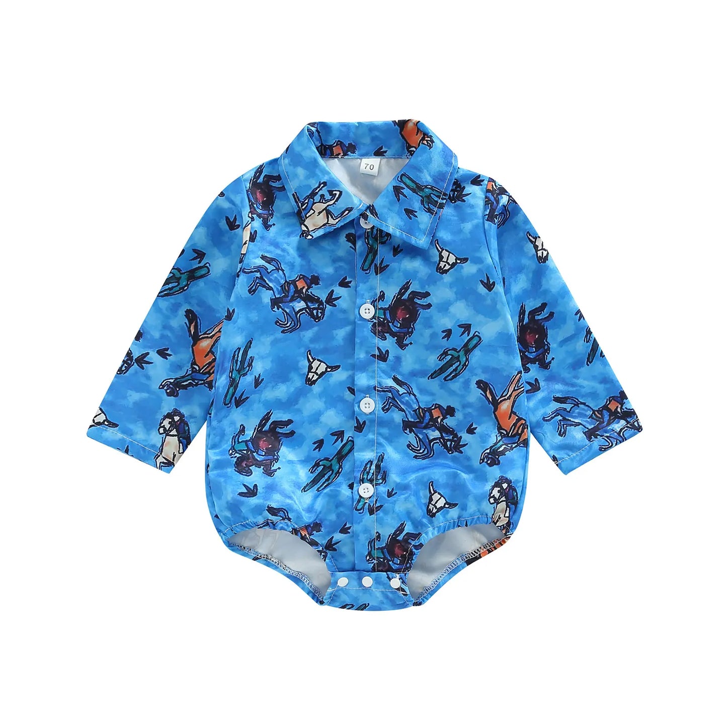 Baby Boys Long Sleeve Lapel Western Cattle/Horse Print Button Romper